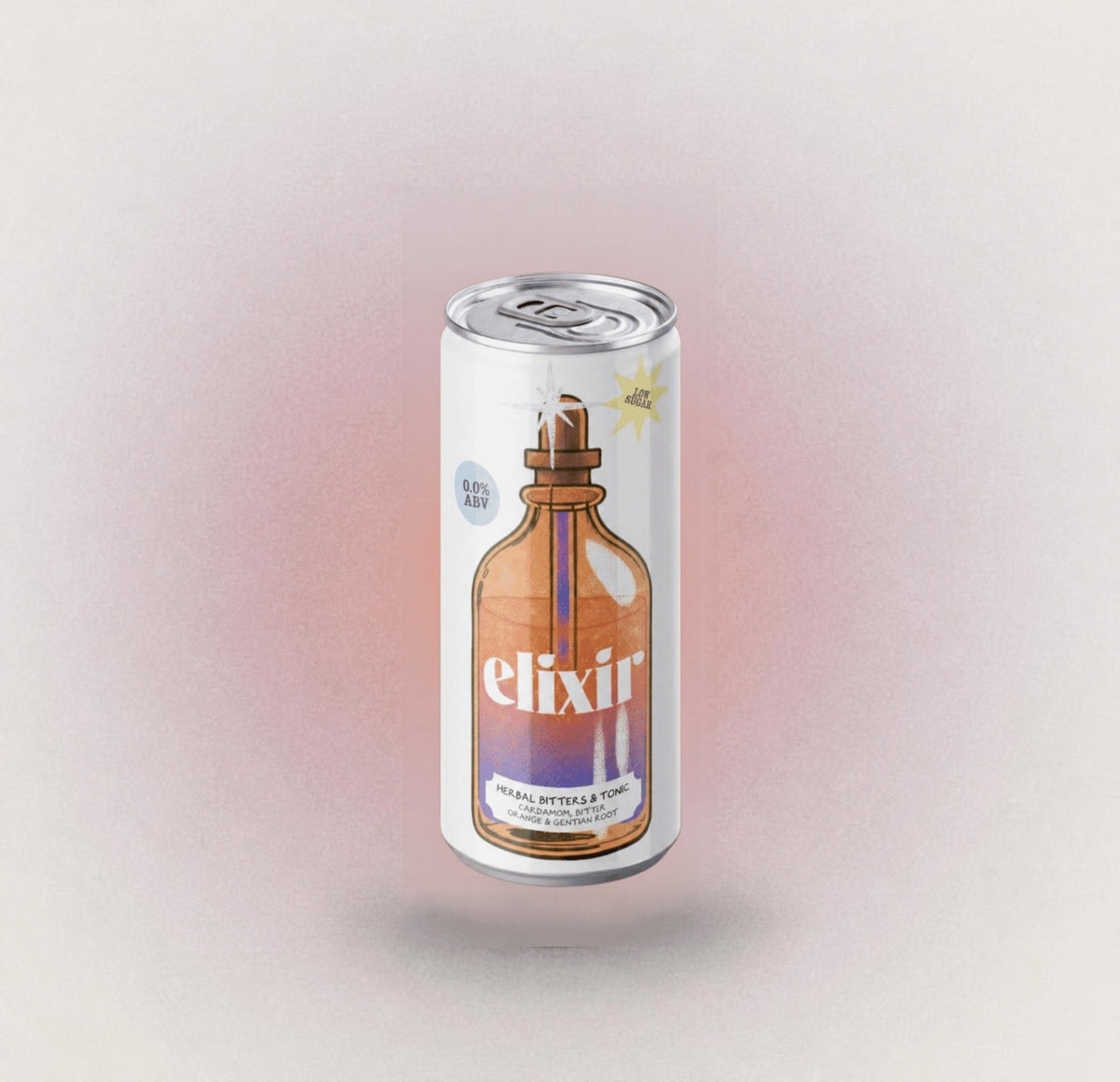 A can of E&T with a warm orange-to-violet aura behind it