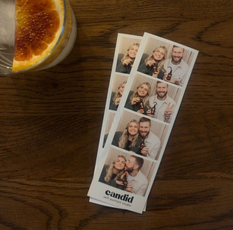 photo-booth strips of charlotte and seb holding bottles of elixir