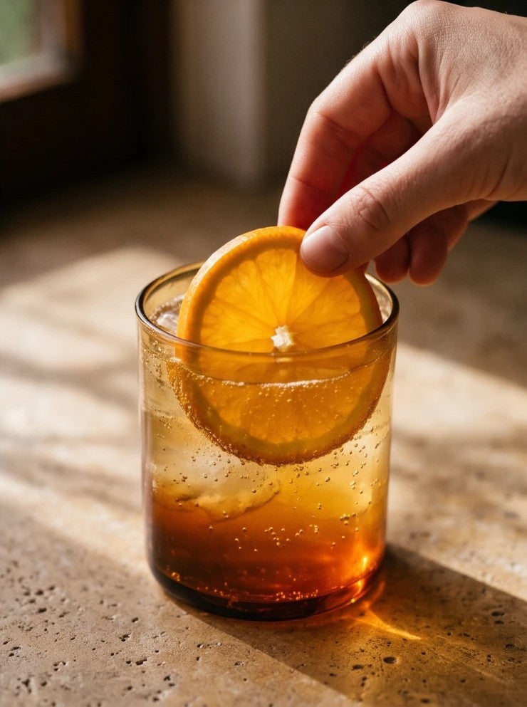a slice of orange placed into the drink