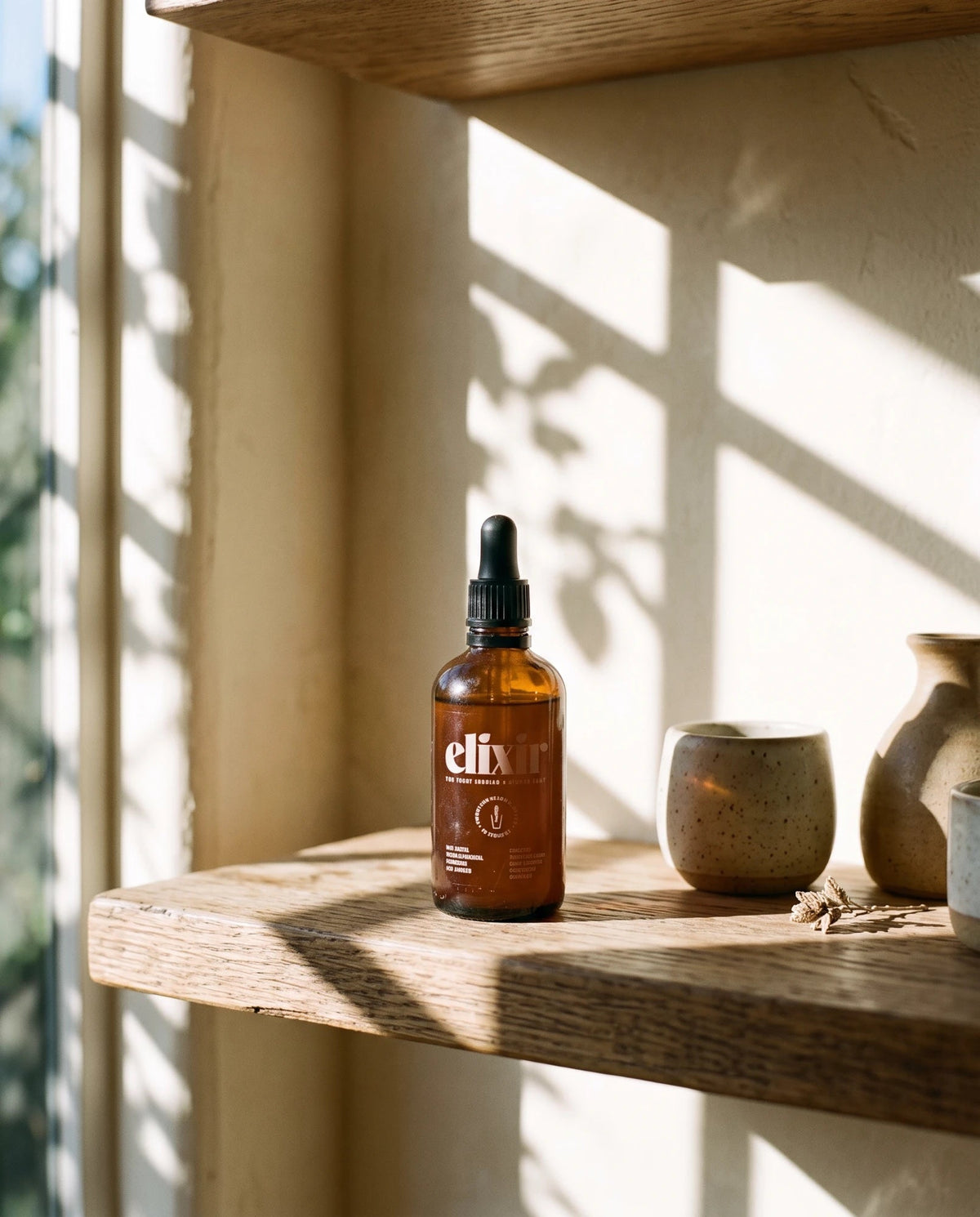 the elixir on a sunlit kitchen shelf